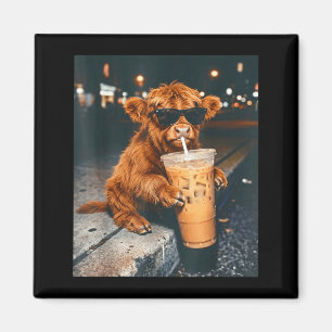Funny cool highland cow drinking iced coffee magnet