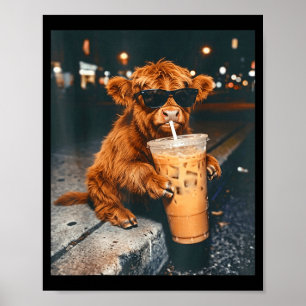 Funny cool highland cow drinking iced coffee poster