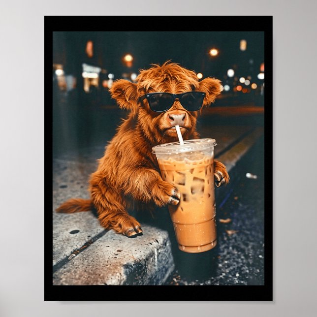 Funny cool highland cow drinking iced coffee poster (Front)