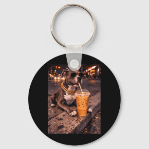 Funny Cool Pitbull Dog Drinking Iced Coffee Animal Key Ring
