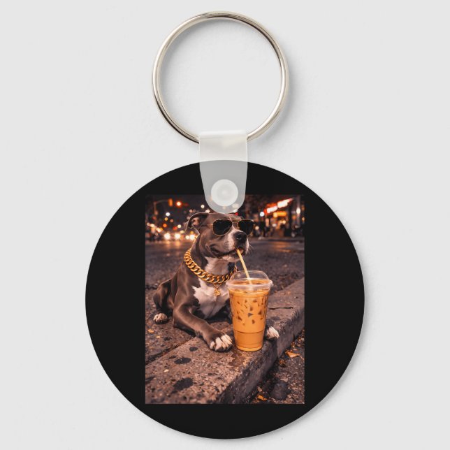 Funny Cool Pitbull Dog Drinking Iced Coffee Animal Key Ring (Front)
