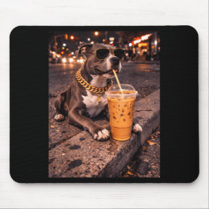 Funny Cool Pitbull Dog Drinking Iced Coffee Animal Mouse Pad