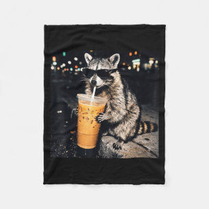 Funny cool racoon drinking iced coffee animal mem fleece blanket