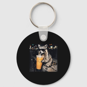 Funny cool racoon drinking iced coffee animal mem key ring