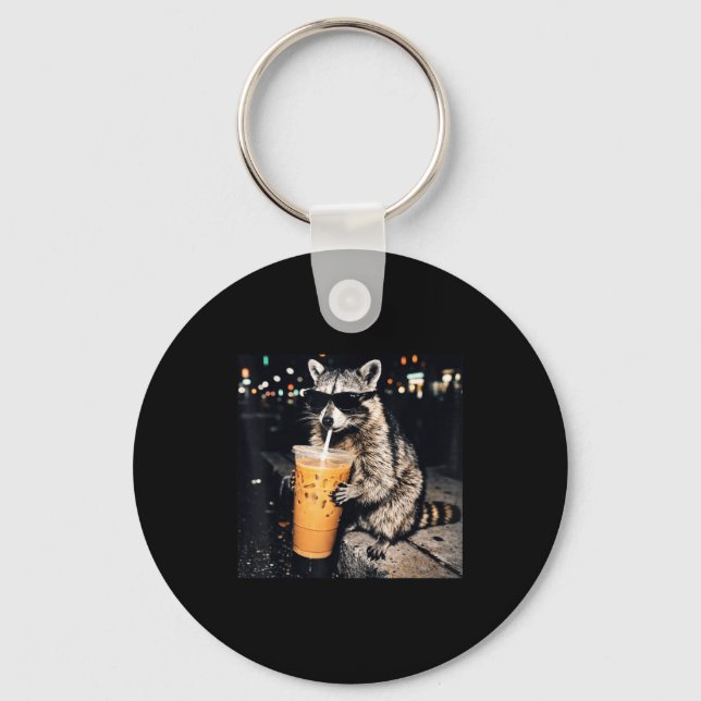 Funny cool racoon drinking iced coffee animal mem key ring (Front)