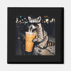 Funny cool racoon drinking iced coffee animal mem magnet