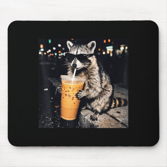 Funny cool racoon drinking iced coffee animal mem mouse pad (Front)
