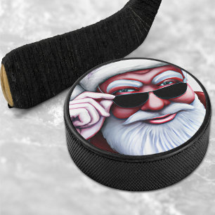 Funny Cool Santa Claus in Sunglasses Christmas Hockey Puck