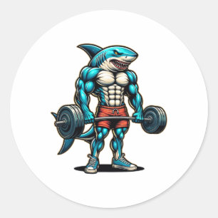 Funny Cool Shark Weightlifting Bodybuilder Muscle Classic Round Sticker