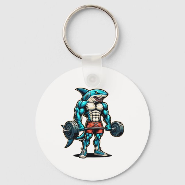 Funny Cool Shark Weightlifting Bodybuilder Muscle  Key Ring (Front)
