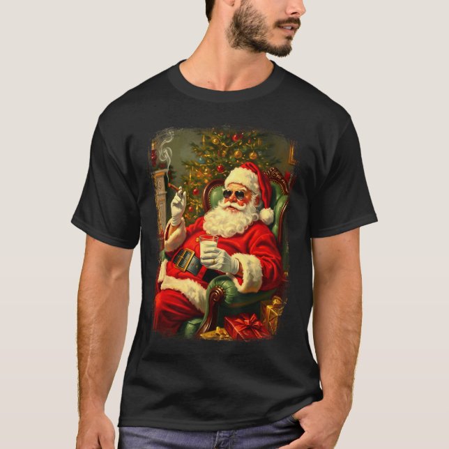 Funny Cool Sungles Cigar And Milk Santa Christmas  T-Shirt (Front)