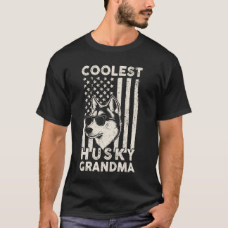 Funny Coolest Husky Grandma Vintage American Flag  T-Shirt