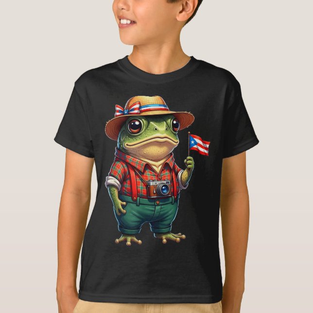 Funny Coqui Frog Puerto Rico Flag Taino Boricua Hi T-Shirt (Front)