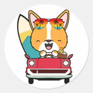 Funny Corgi Dog is driving to the beach Classic Round Sticker