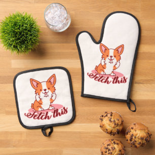 Funny Corgi Dog Middle Finger Fetch This Oven Mitt & Pot Holder Set