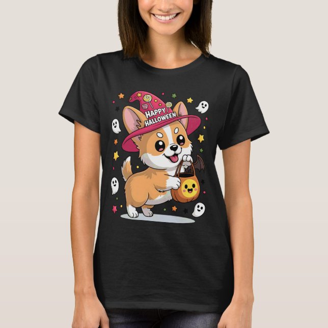Funny Corgi Dog Pumpkin Ghost Candy Witch Hallowee T-Shirt (Front)