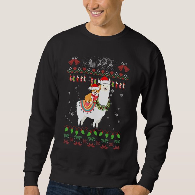 Funny Corgi Dog Riding Llama Christmas Ugly Sweate Sweatshirt (Front)