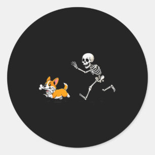 Funny Corgi Dog Steals Skeleton Bone Halloween  Classic Round Sticker