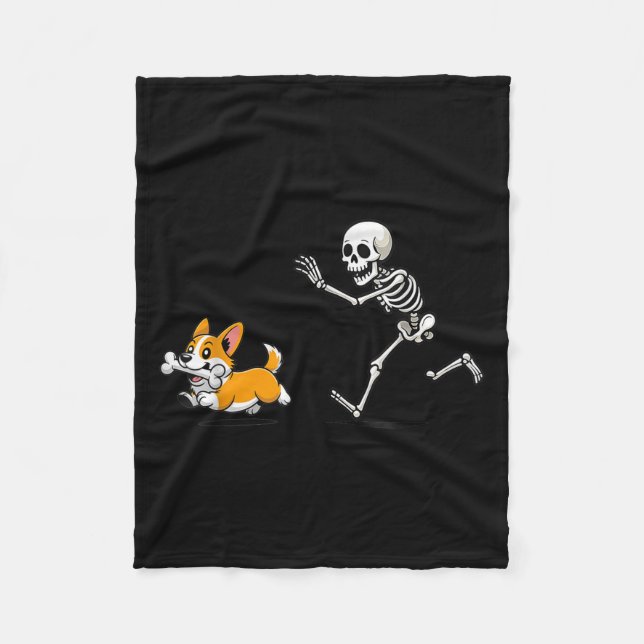 Funny Corgi Dog Steals Skeleton Bone Halloween  Fleece Blanket (Front)