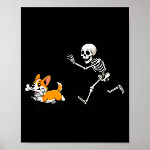 Funny Corgi Dog Steals Skeleton Bone Halloween  Poster