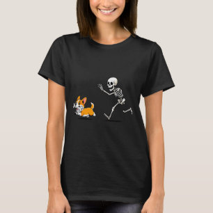 Funny Corgi Dog Steals Skeleton Bone Halloween  T-Shirt