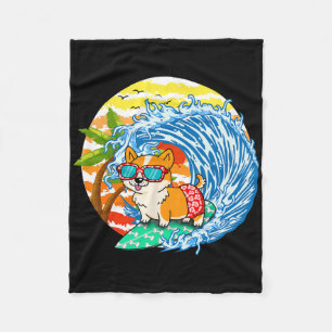 Funny Corgi Dog Surfing Surfer Hawaii Beach Summer Fleece Blanket
