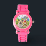 Funny Corgi Dog Teddy Birthday Party Watch<br><div class="desc">Fun birthday party time photo artwork illustration of a funny corgi and cute teddy with party hats and balloons. Great birthday gift idea for anyone young or older, boy or girl, and you can customise the text to change name or message. Available in different colours, styles and watch shapes which...</div>