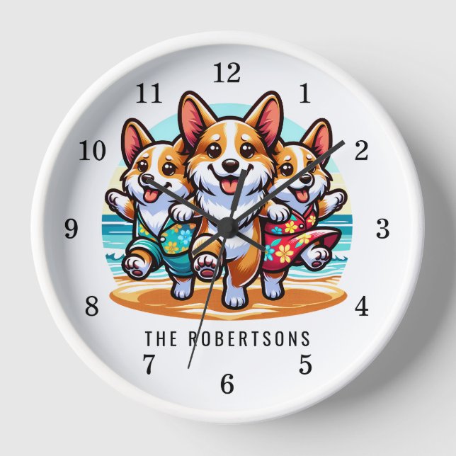 Funny Corgi Dogs Dancing on Beach Family Clock (Front)