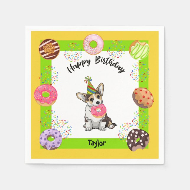 Funny Corgi Doughnut Birthday Party Napkin (Front)