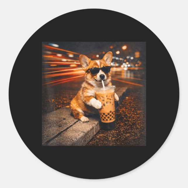 Funny Corgi Drinking Iced Coffee Cute Dog Meme Classic Round Sticker (Front)