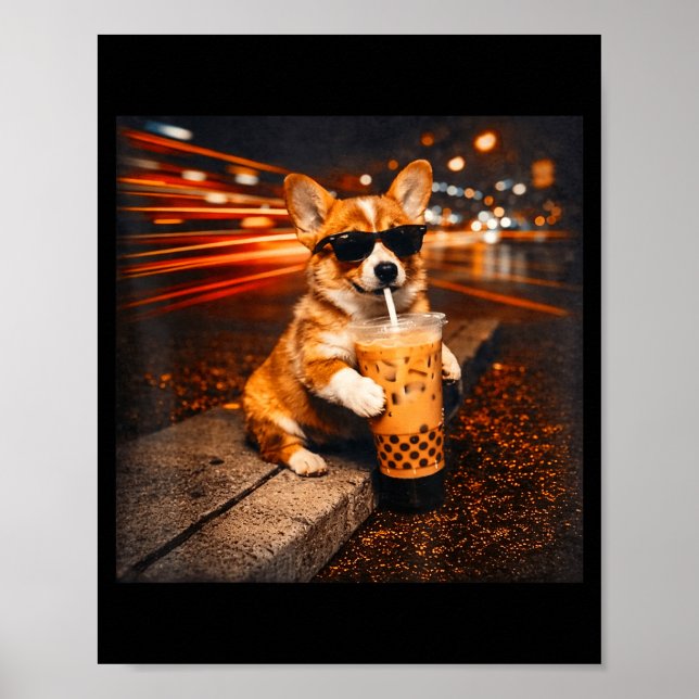 Funny corgi drinking iced coffee cute dog meme poster (Front)