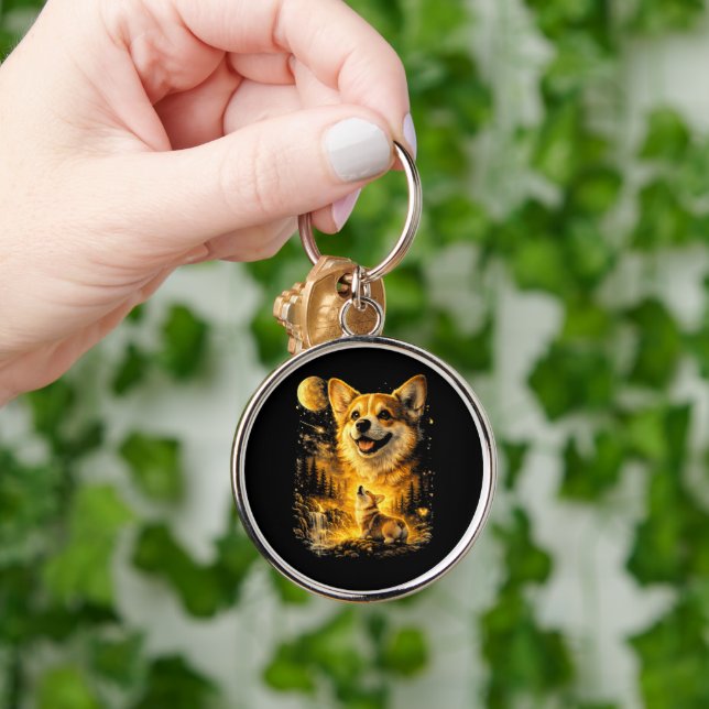 Funny Corgi Howling at The Moon Key Ring (Hand)