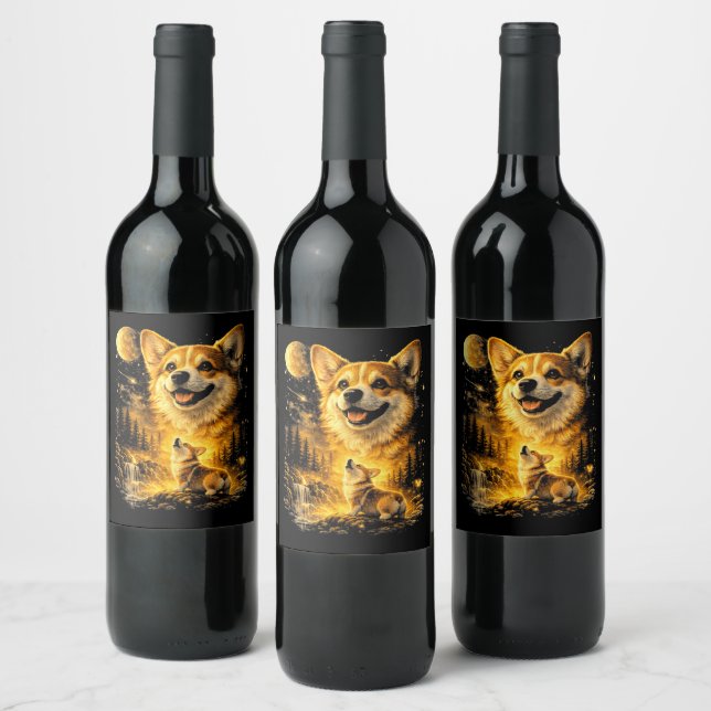 Funny Corgi Howling at The Moon Wine Label (Bottles)