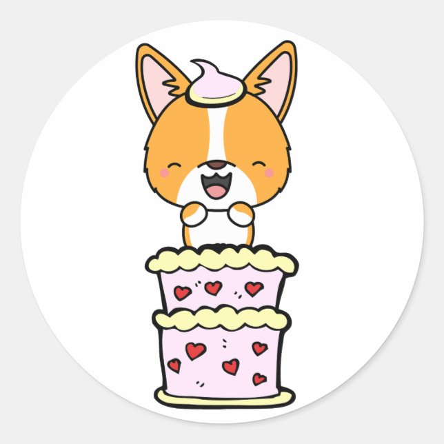 Funny corgi jumping out of a cake classic round sticker (Front)