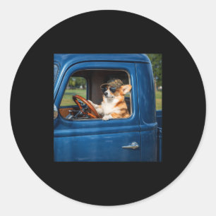 Funny corgi meme humorous dog driving truck roadFu Classic Round Sticker