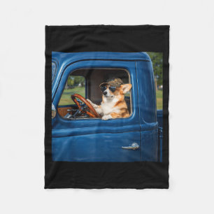 Funny corgi meme humorous dog driving truck roadFu Fleece Blanket