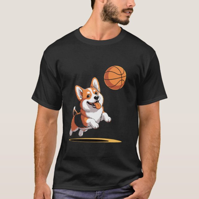 Funny Corgi Playing Basketball Slam Dunk T-Shirt (Front)
