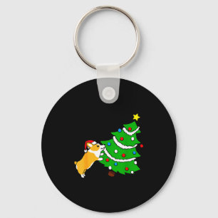 Funny Corgi Pushing Christmas Tree Xmas Dog Mom Key Ring