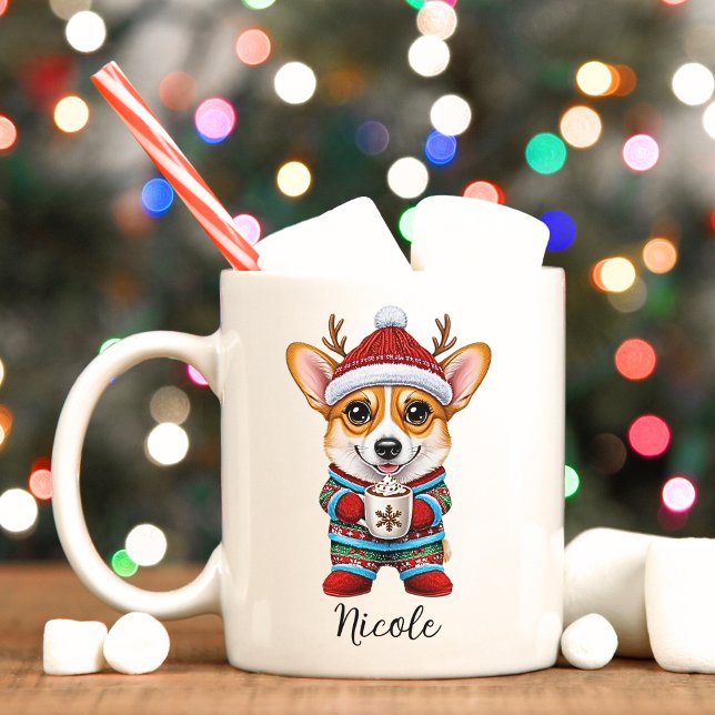Funny Corgi Reindeer Christmas Mug (Cute corgi In Christmas pajamas monogrammed holiday mug. )