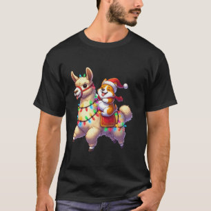 Funny Corgi Riding Llama Christmas Santa Hat Xmas T-Shirt