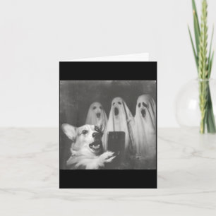Funny corgi selfie with ghosts retro halloween card