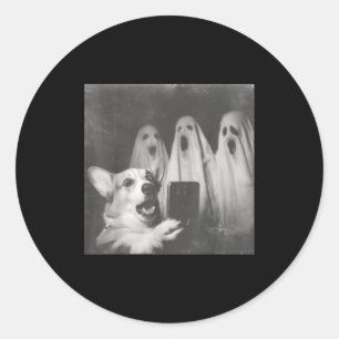 Funny corgi selfie with ghosts retro halloween classic round sticker