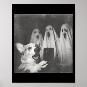 Funny corgi selfie with ghosts retro halloween poster