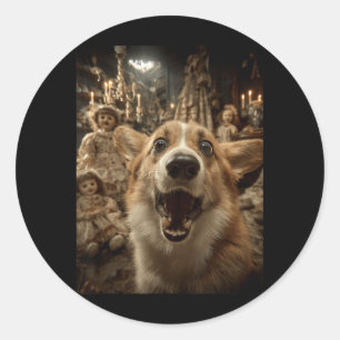 Funny Corgi Selfie With Y Dolls Spooky Halloween Classic Round Sticker