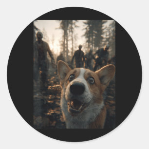 Funny Corgi Selfie With Zombies Spooky Forest Classic Round Sticker