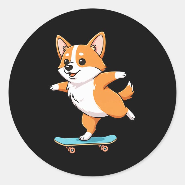 Funny Corgi Skater Skateboard Ballerina Mom Dad Ki Classic Round Sticker (Front)