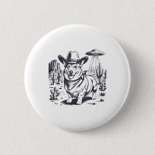 Funny Corgi Ufo Western Cowboy Vintage 90s 80s 6 Cm Round Badge