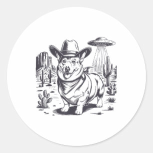 Funny Corgi Ufo Western Cowboy Vintage 90s 80s  Classic Round Sticker