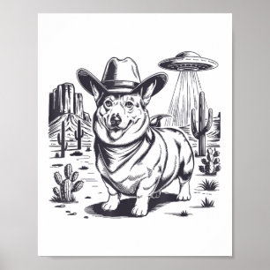 Funny Corgi Ufo Western Cowboy Vintage 90s 80s Poster