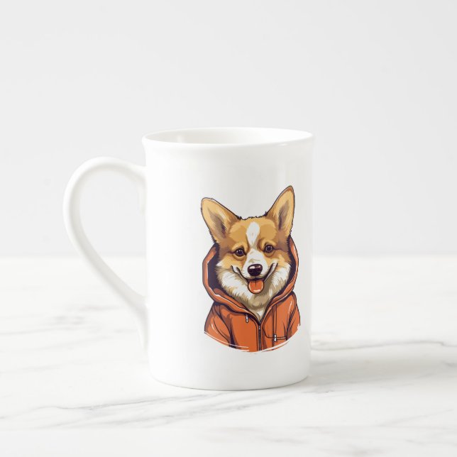 Funny Corgi Wearing Hoodie Bone China Mug (Left)